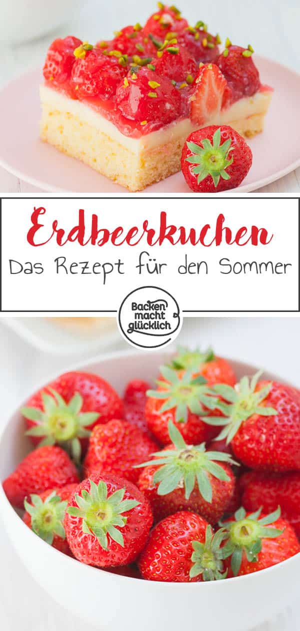 Der einfache Erdbeerkuchen vom Blech ist ein Klassiker, der immer gut ankommt: Auf einen saftigen Rührteigboden folgen eine Schicht Vanillepudding und ein Belag aus Erdbeeren und Guss. Der Erdbeer-Pudding-Kuchen schmeckt auch mit Biskuit lecker! #erdbeerkuchen #erdbeeren #erdbeerpuddingkuchen #sommer #backenmachtglücklich