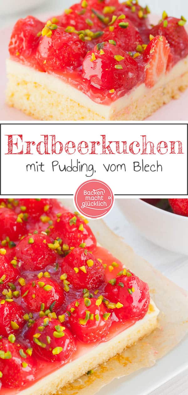 Der einfache Erdbeerkuchen vom Blech ist ein Klassiker, der immer gut ankommt: Auf einen saftigen Rührteigboden folgen eine Schicht Vanillepudding und ein Belag aus Erdbeeren und Guss. Der Erdbeer-Pudding-Kuchen schmeckt auch mit Biskuit lecker! #erdbeerkuchen #erdbeeren #erdbeerpuddingkuchen #sommer #backenmachtglücklich