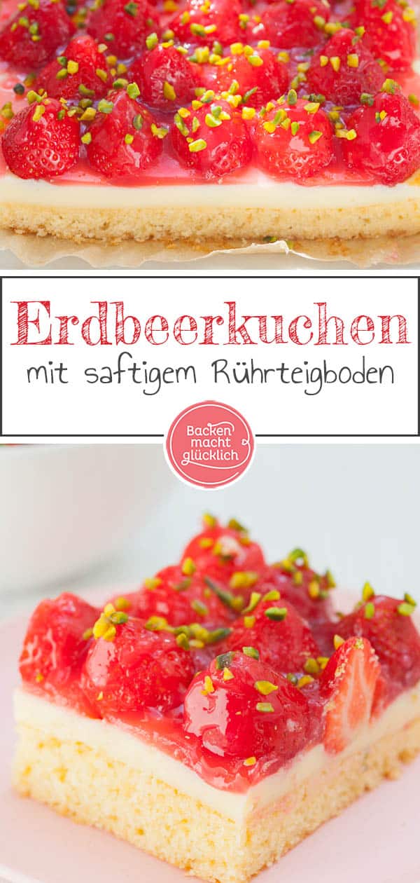 Der einfache Erdbeerkuchen vom Blech ist ein Klassiker, der immer gut ankommt: Auf einen saftigen Rührteigboden folgen eine Schicht Vanillepudding und ein Belag aus Erdbeeren und Guss. Der Erdbeer-Pudding-Kuchen schmeckt auch mit Biskuit lecker! #erdbeerkuchen #erdbeeren #erdbeerpuddingkuchen #sommer #backenmachtglücklich