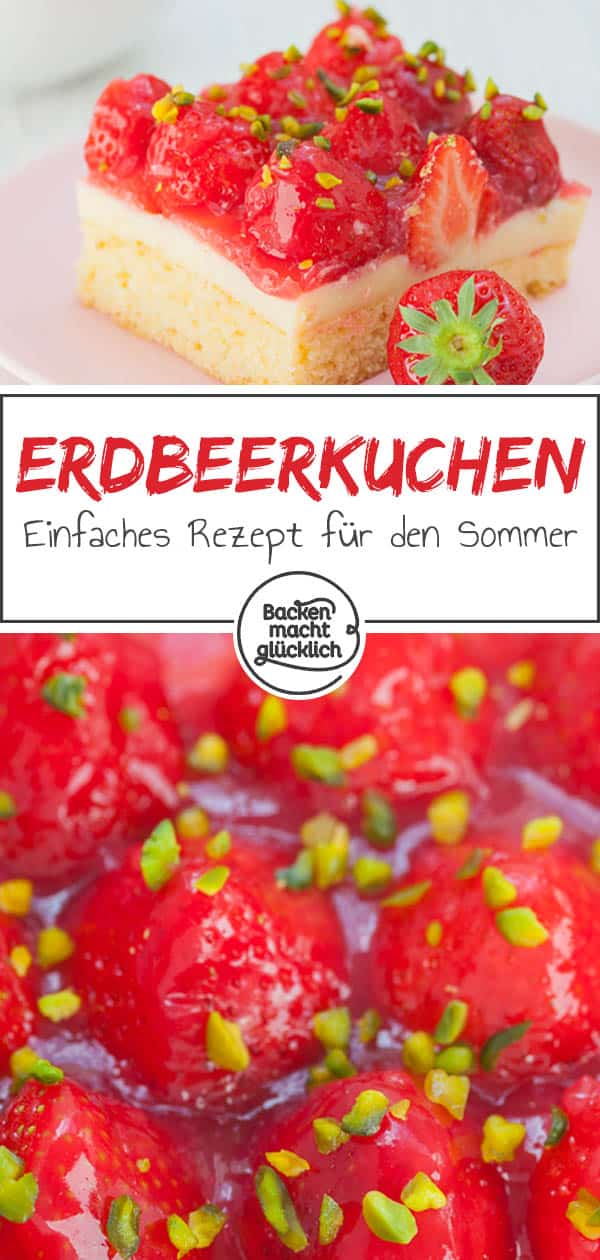 Der einfache Erdbeerkuchen vom Blech ist ein Klassiker, der immer gut ankommt: Auf einen saftigen Rührteigboden folgen eine Schicht Vanillepudding und ein Belag aus Erdbeeren und Guss. Der Erdbeer-Pudding-Kuchen schmeckt auch mit Biskuit lecker! #erdbeerkuchen #erdbeeren #erdbeerpuddingkuchen #sommer #backenmachtglücklich