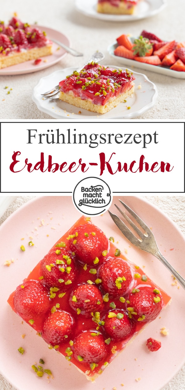 Der einfache Erdbeerkuchen vom Blech ist ein Klassiker, der immer gut ankommt: Auf einen saftigen Rührteigboden folgen eine Schicht Vanillepudding und ein Belag aus Erdbeeren und Guss. Der Erdbeer-Pudding-Kuchen schmeckt auch mit Biskuit lecker! #erdbeerkuchen #erdbeeren #erdbeerpuddingkuchen #sommer #backenmachtglücklich