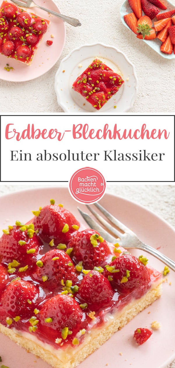 Der einfache Erdbeerkuchen vom Blech ist ein Klassiker, der immer gut ankommt: Auf einen saftigen Rührteigboden folgen eine Schicht Vanillepudding und ein Belag aus Erdbeeren und Guss. Der Erdbeer-Pudding-Kuchen schmeckt auch mit Biskuit lecker! #erdbeerkuchen #erdbeeren #erdbeerpuddingkuchen #sommer #backenmachtglücklich