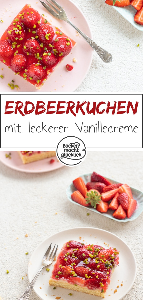 Der einfache Erdbeerkuchen vom Blech ist ein Klassiker, der immer gut ankommt: Auf einen saftigen Rührteigboden folgen eine Schicht Vanillepudding und ein Belag aus Erdbeeren und Guss. Der Erdbeer-Pudding-Kuchen schmeckt auch mit Biskuit lecker! #erdbeerkuchen #erdbeeren #erdbeerpuddingkuchen #sommer #backenmachtglücklich