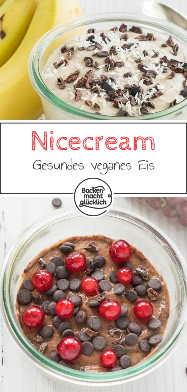 Kennt ihr schon die vegane Nicecream? Für dieses köstliche gesunde Eis braucht ihr nur zwei Zutaten: Bananen und eine Milchalternative eurer Wahl. Dadurch ist die vegane Nicecream nicht nur super einfach gemacht, sondern auch fettarm und ohne zugesetzten Zucker. #nicecream #eis #vegan #veganeseis #nanaeis #sommer #backenmachtglücklich