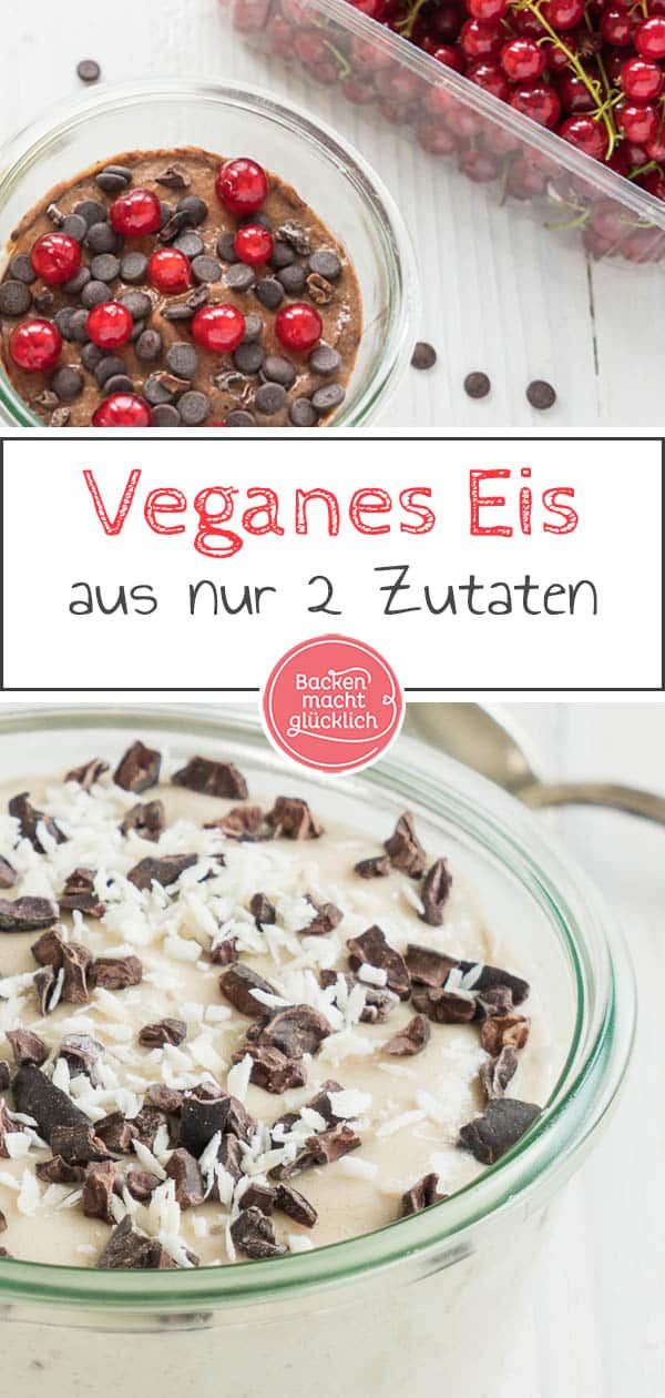 Kennt ihr schon die vegane Nicecream? Für dieses köstliche gesunde Eis braucht ihr nur zwei Zutaten: Bananen und eine Milchalternative eurer Wahl. Dadurch ist die vegane Nicecream nicht nur super einfach gemacht, sondern auch fettarm und ohne zugesetzten Zucker. #nicecream #eis #vegan #veganeseis #nanaeis #sommer #backenmachtglücklich