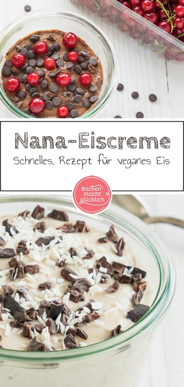 Kennt ihr schon die vegane Nicecream? Für dieses köstliche gesunde Eis braucht ihr nur zwei Zutaten: Bananen und eine Milchalternative eurer Wahl. Dadurch ist die vegane Nicecream nicht nur super einfach gemacht, sondern auch fettarm und ohne zugesetzten Zucker. #nicecream #eis #vegan #veganeseis #nanaeis #sommer #backenmachtglücklich