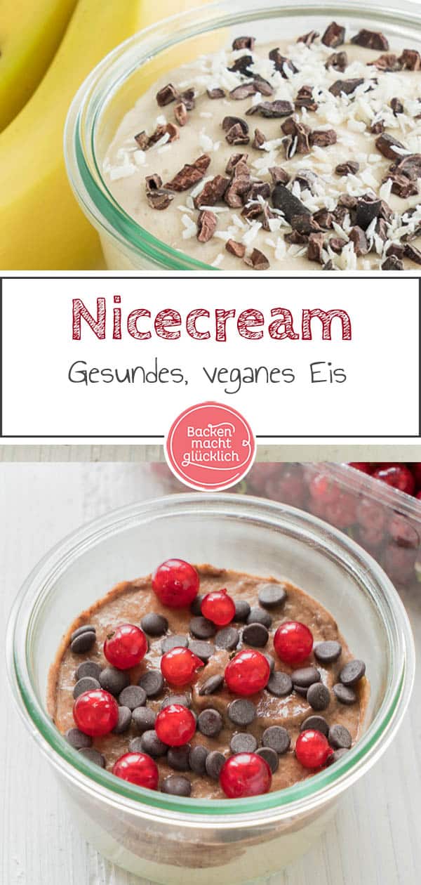 Kennt ihr schon die vegane Nicecream? Für dieses köstliche gesunde Eis braucht ihr nur zwei Zutaten: Bananen und eine Milchalternative eurer Wahl. Dadurch ist die vegane Nicecream nicht nur super einfach gemacht, sondern auch fettarm und ohne zugesetzten Zucker. #nicecream #eis #vegan #veganeseis #nanaeis #sommer #backenmachtglücklich