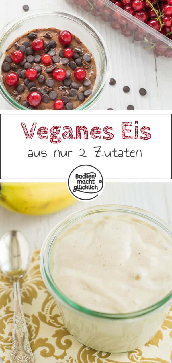 Kennt ihr schon die vegane Nicecream? Für dieses köstliche gesunde Eis braucht ihr nur zwei Zutaten: Bananen und eine Milchalternative eurer Wahl. Dadurch ist die vegane Nicecream nicht nur super einfach gemacht, sondern auch fettarm und ohne zugesetzten Zucker. #nicecream #eis #vegan #veganeseis #nanaeis #sommer #backenmachtglücklich