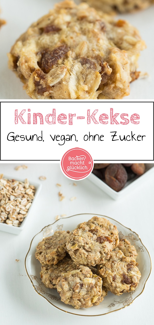 Einfaches Rezept für gesunde Kinder-Kekse. Diese Kekse sind ohne Zucker, Ei, Butter und Milch. Dabei sind die veganen Kekse so richtig schön fruchtig, weich und zugleich kernig. 