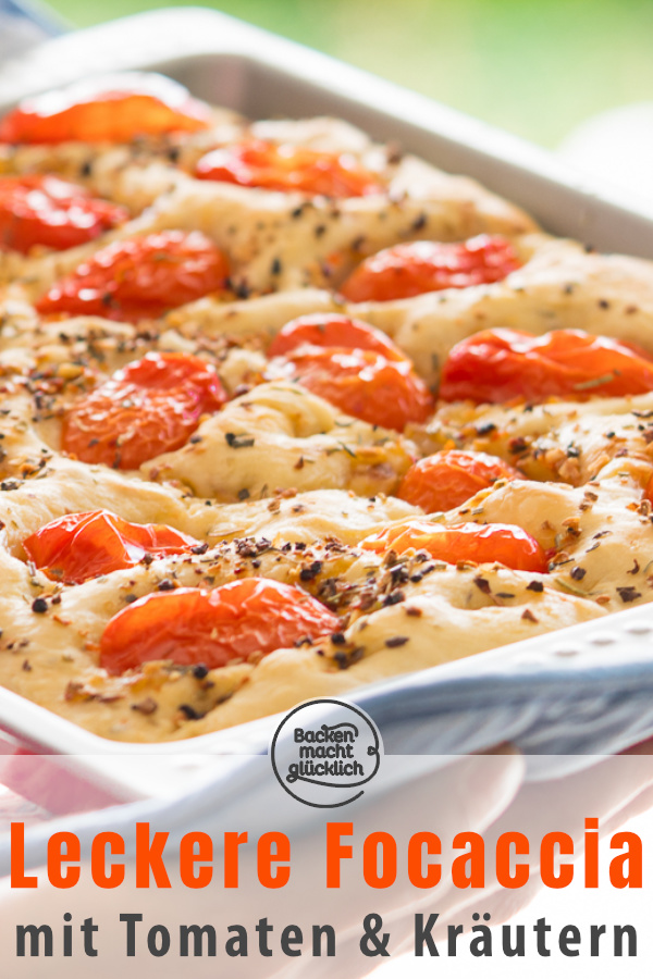 Einfaches Rezept für köstliche Focaccia mit Tomaten und Kräutern, ein italienisches Fladenbrot, das immer gut ankommt!