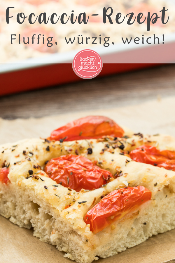 Einfaches Rezept für köstliche Focaccia mit Tomaten und Kräutern, ein italienisches Fladenbrot, das immer gut ankommt!