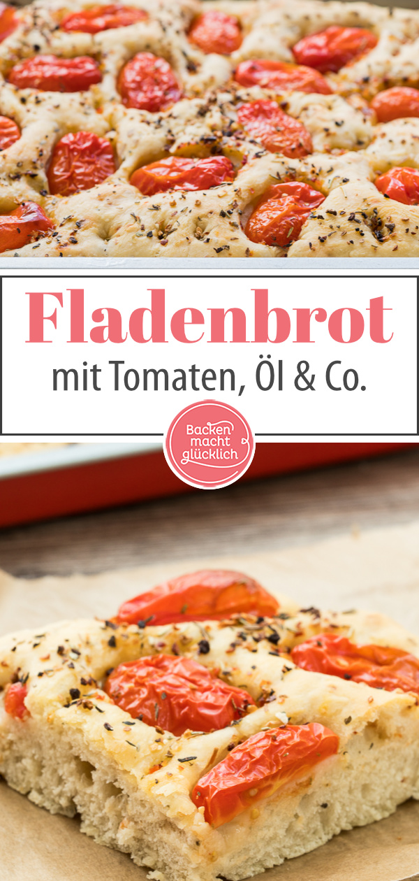 Einfaches Rezept für köstliche Focaccia mit Tomaten und Kräutern, ein italienisches Fladenbrot, das immer gut ankommt!