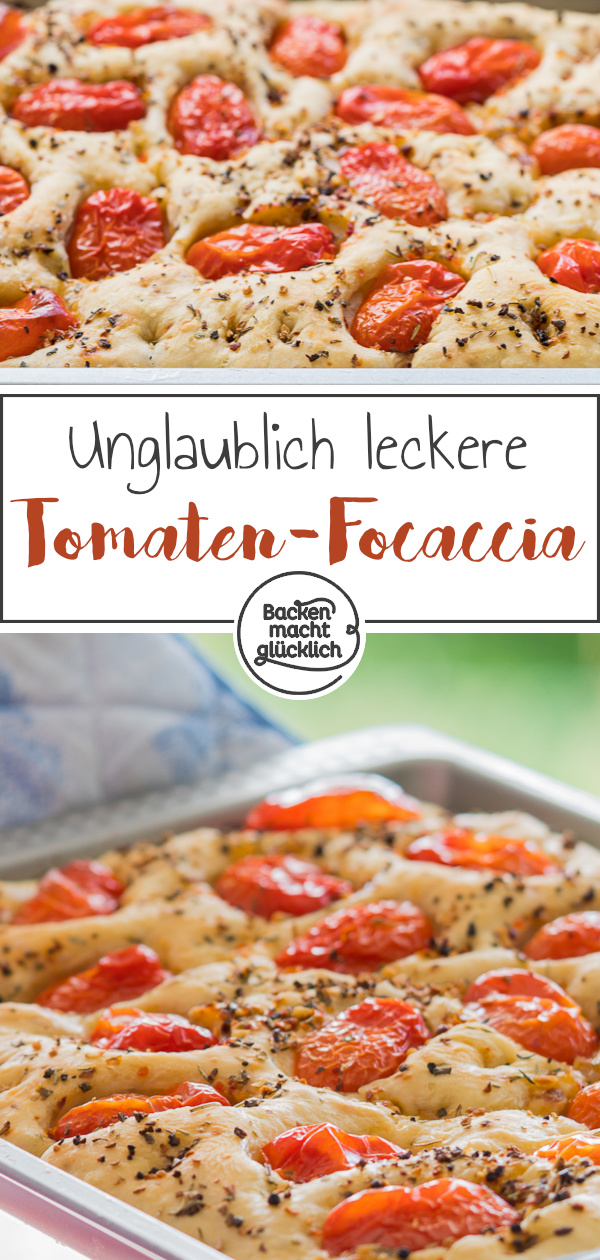 Einfaches Rezept für köstliche Focaccia mit Tomaten und Kräutern, ein italienisches Fladenbrot, das immer gut ankommt!