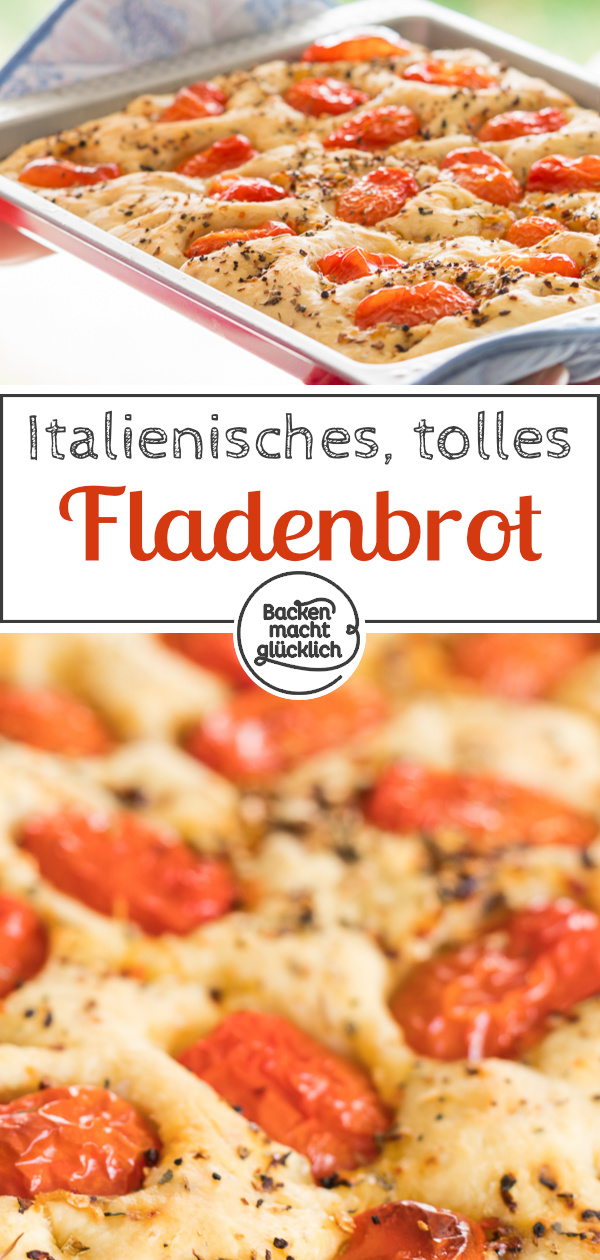 Einfaches Rezept für köstliche Focaccia mit Tomaten und Kräutern, ein italienisches Fladenbrot, das immer gut ankommt!