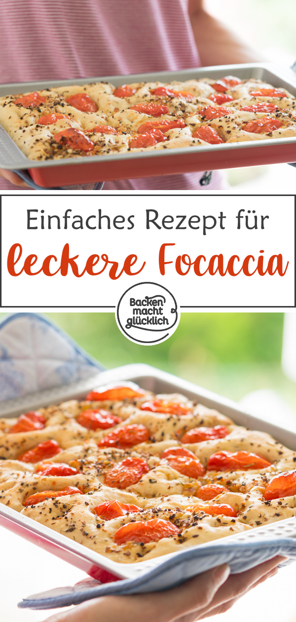 Einfaches Rezept für köstliche Focaccia mit Tomaten und Kräutern, ein italienisches Fladenbrot, das immer gut ankommt!