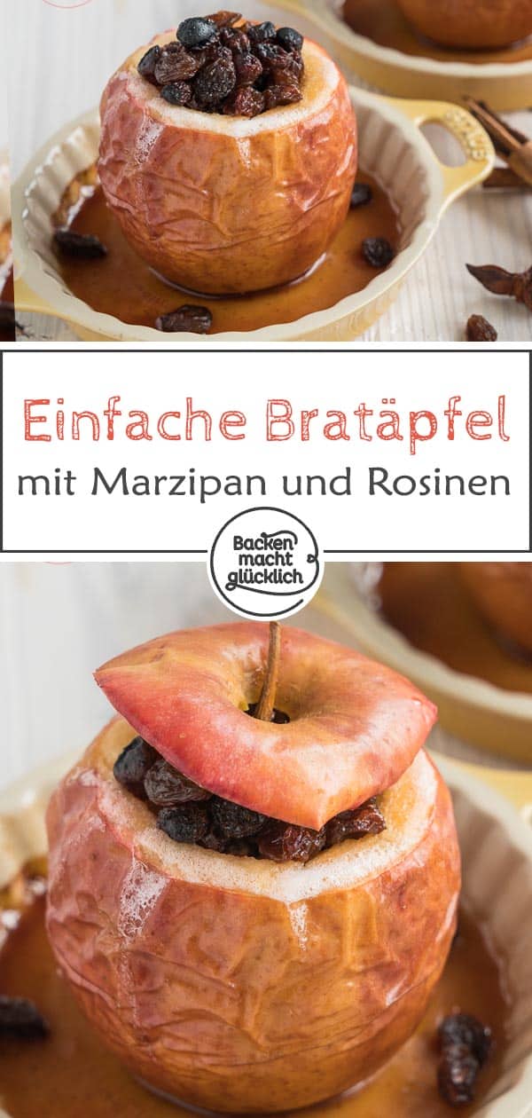 Die leckeren gefüllten Bratäpfel mit Marzipan, Rosinen und Zimt sind ein echter Winterklassiker. Ein super schnelles und einfaches Bratapfel-Rezept für Zuhause.