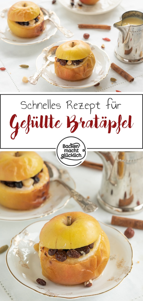 Die leckeren gefüllten Bratäpfel mit Marzipan, Rosinen und Zimt sind ein echter Winterklassiker. Ein super schnelles und einfaches Bratapfel-Rezept für Zuhause.