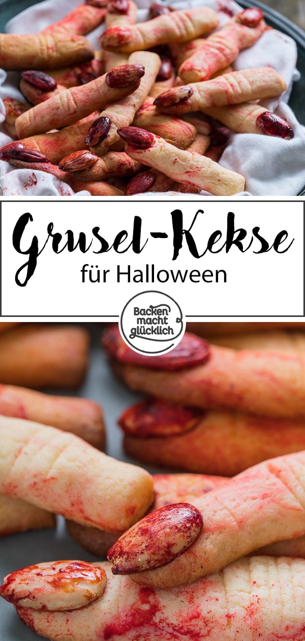 Lange abgehackte Finger mit blutigen Nägeln: Diese gruseligen Hexenfinger sind einfach die perfekten Halloween-Kekse und noch dazu sehr lecker! #halloween #fingerfood #snacks #backenmachtglücklich