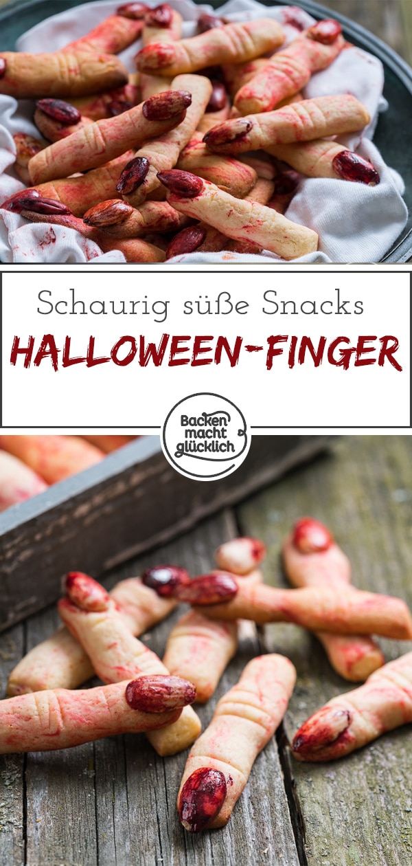 Lange abgehackte Finger mit blutigen Nägeln: Diese gruseligen Hexenfinger sind einfach die perfekten Halloween-Kekse und noch dazu sehr lecker! #halloween #fingerfood #snacks #backenmachtglücklich