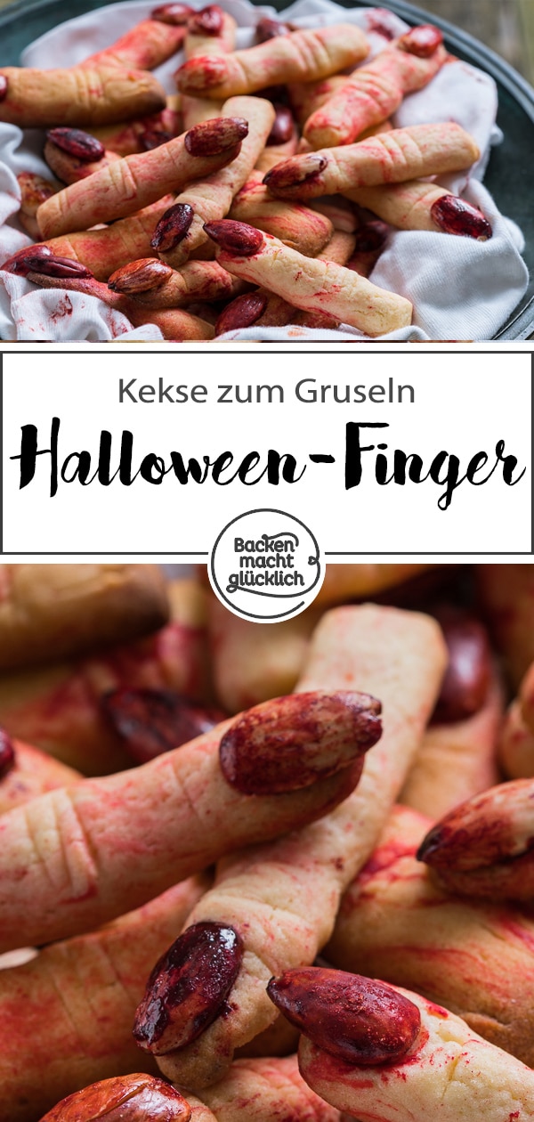Lange abgehackte Finger mit blutigen Nägeln: Diese gruseligen Hexenfinger sind einfach die perfekten Halloween-Kekse und noch dazu sehr lecker! #halloween #fingerfood #snacks #backenmachtglücklich
