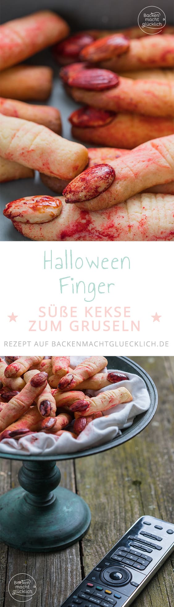 Lange abgehackte Finger mit blutigen Nägeln: Diese gruseligen Hexenfinger sind einfach die perfekten Halloween-Kekse und noch dazu sehr lecker! #halloween #fingerfood #snacks #backenmachtglücklich