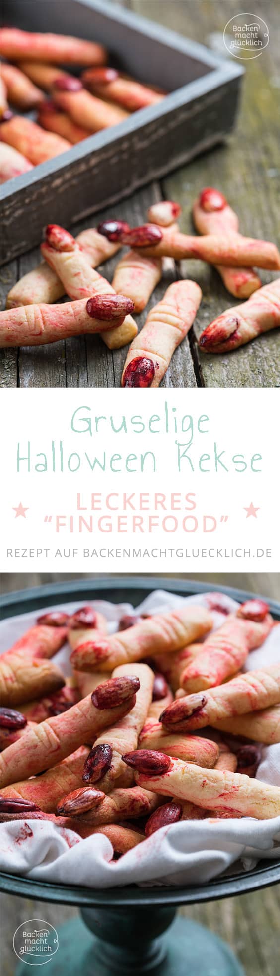 Lange abgehackte Finger mit blutigen Nägeln: Diese gruseligen Hexenfinger sind einfach die perfekten Halloween-Kekse und noch dazu sehr lecker! #halloween #fingerfood #snacks #backenmachtglücklich