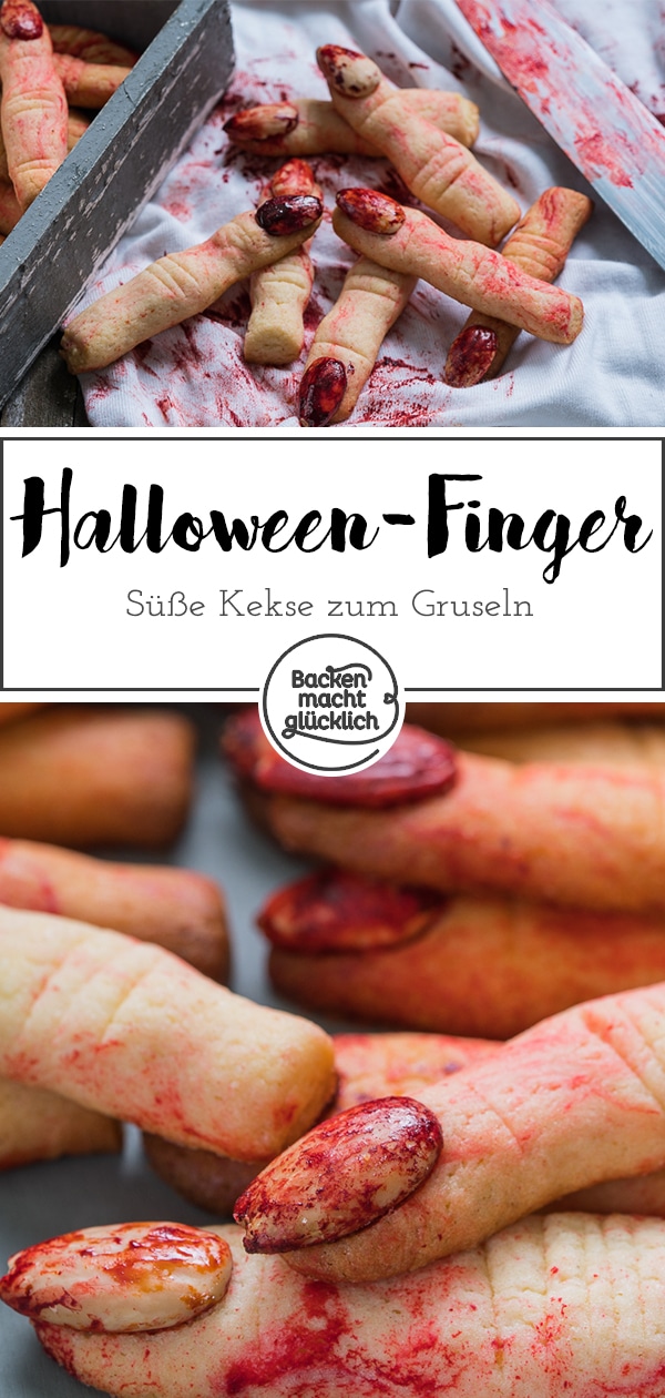 Lange abgehackte Finger mit blutigen Nägeln: Diese gruseligen Hexenfinger sind einfach die perfekten Halloween-Kekse und noch dazu sehr lecker! #halloween #fingerfood #snacks #backenmachtglücklich