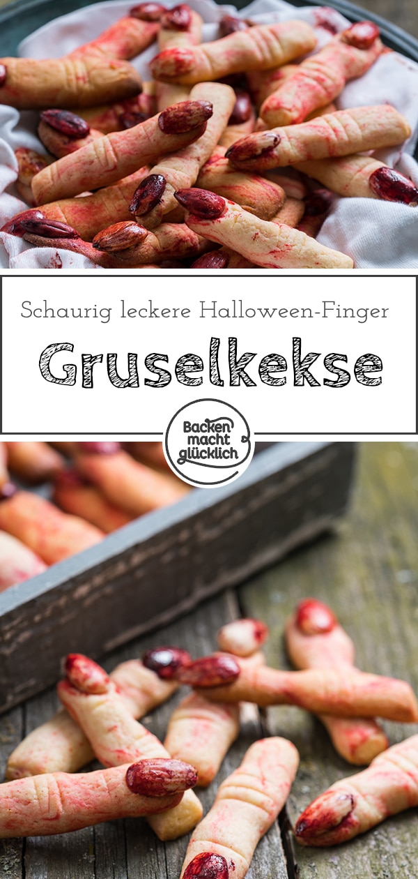 Lange abgehackte Finger mit blutigen Nägeln: Diese gruseligen Hexenfinger sind einfach die perfekten Halloween-Kekse und noch dazu sehr lecker! #halloween #fingerfood #snacks #backenmachtglücklich
