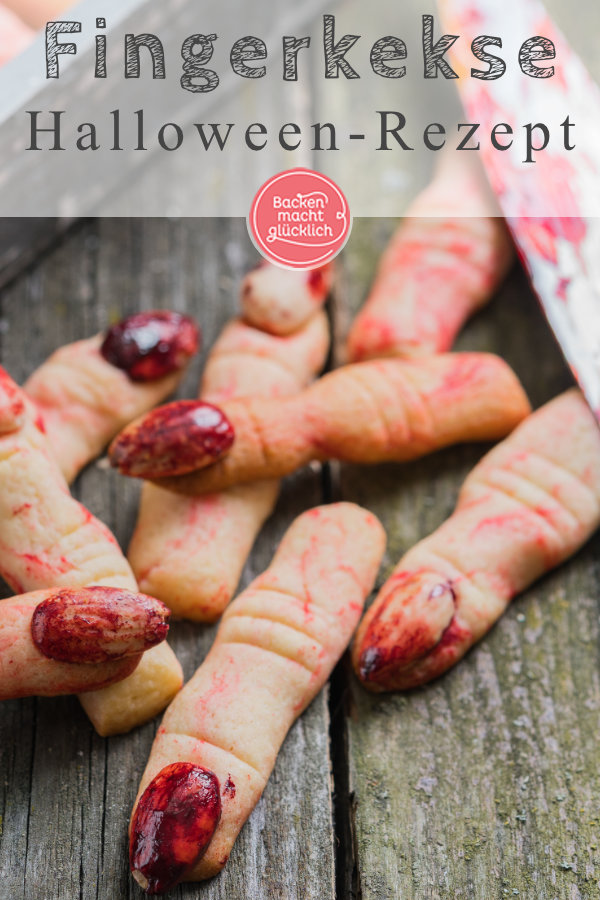 Lange abgehackte Finger mit blutigen Nägeln: Diese gruseligen Hexenfinger sind einfach die perfekten Halloween-Kekse und noch dazu sehr lecker! #halloween #fingerfood #snacks #backenmachtglücklich