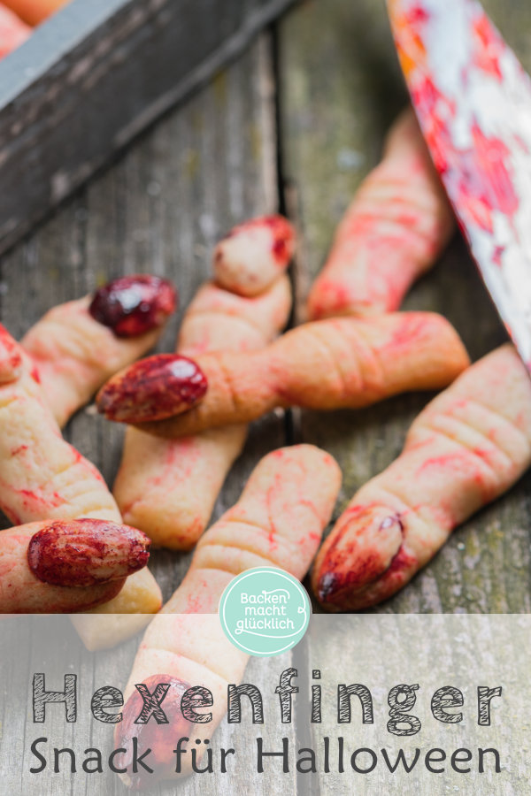 Lange abgehackte Finger mit blutigen Nägeln: Diese gruseligen Hexenfinger sind einfach die perfekten Halloween-Kekse und noch dazu sehr lecker! #halloween #fingerfood #snacks #backenmachtglücklich