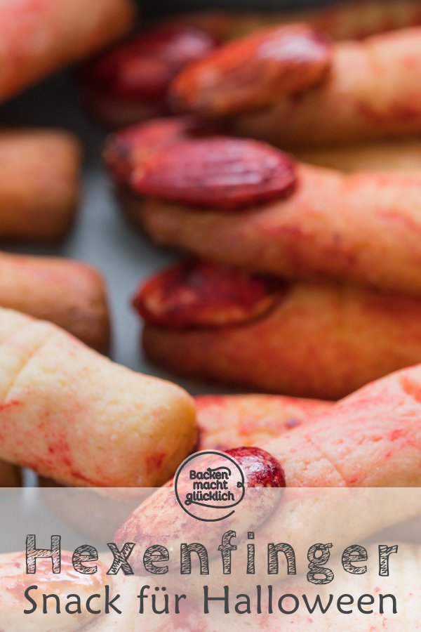 Lange abgehackte Finger mit blutigen Nägeln: Diese gruseligen Hexenfinger sind einfach die perfekten Halloween-Kekse und noch dazu sehr lecker! #halloween #fingerfood #snacks #backenmachtglücklich