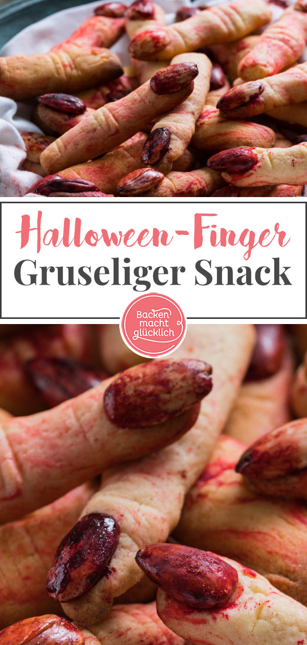 Lange abgehackte Finger mit blutigen Nägeln: Diese gruseligen Hexenfinger sind einfach die perfekten Halloween-Kekse und noch dazu sehr lecker! #halloween #fingerfood #snacks #backenmachtglücklich
