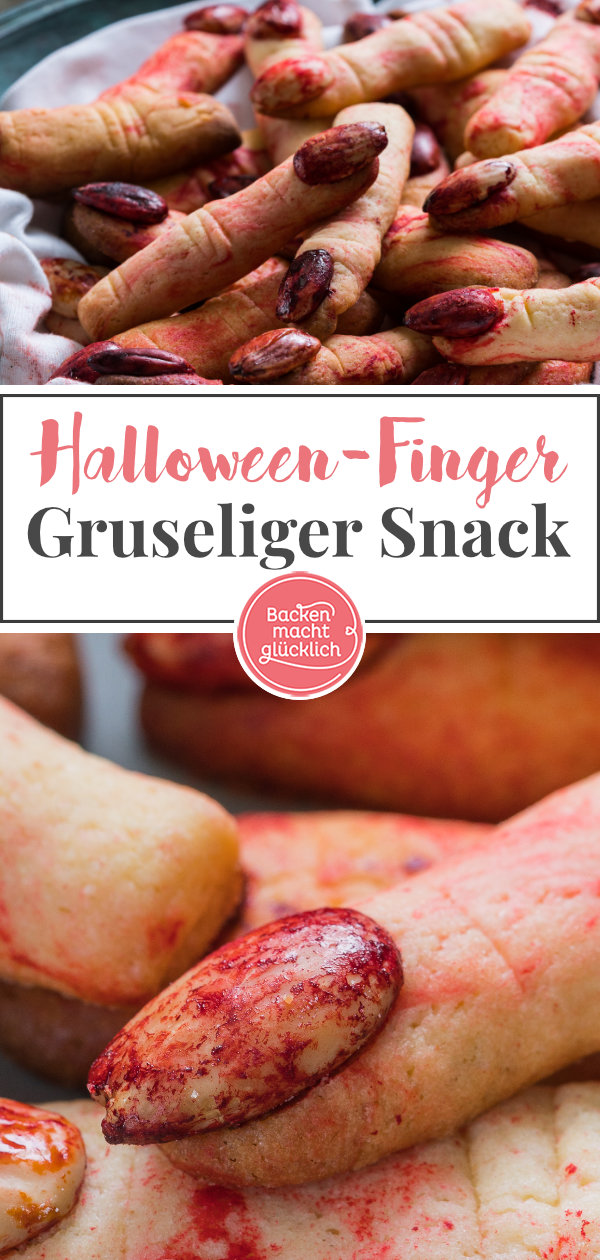 Lange abgehackte Finger mit blutigen Nägeln: Diese gruseligen Hexenfinger sind einfach die perfekten Halloween-Kekse und noch dazu sehr lecker! #halloween #fingerfood #snacks #backenmachtglücklich