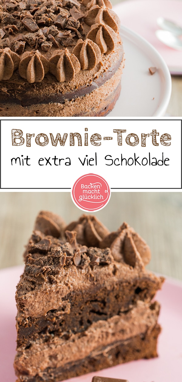 Eine Torte aus Brownie-Böden, Schokoladen-Brownie-Creme sowie einem Topping aus Brownieschokolade. Eine geniale (Geburtstags-)Torte für alle, die Schokolade lieben! Achtung: Die Ganache muss am Vorabend vorbereitet werden.