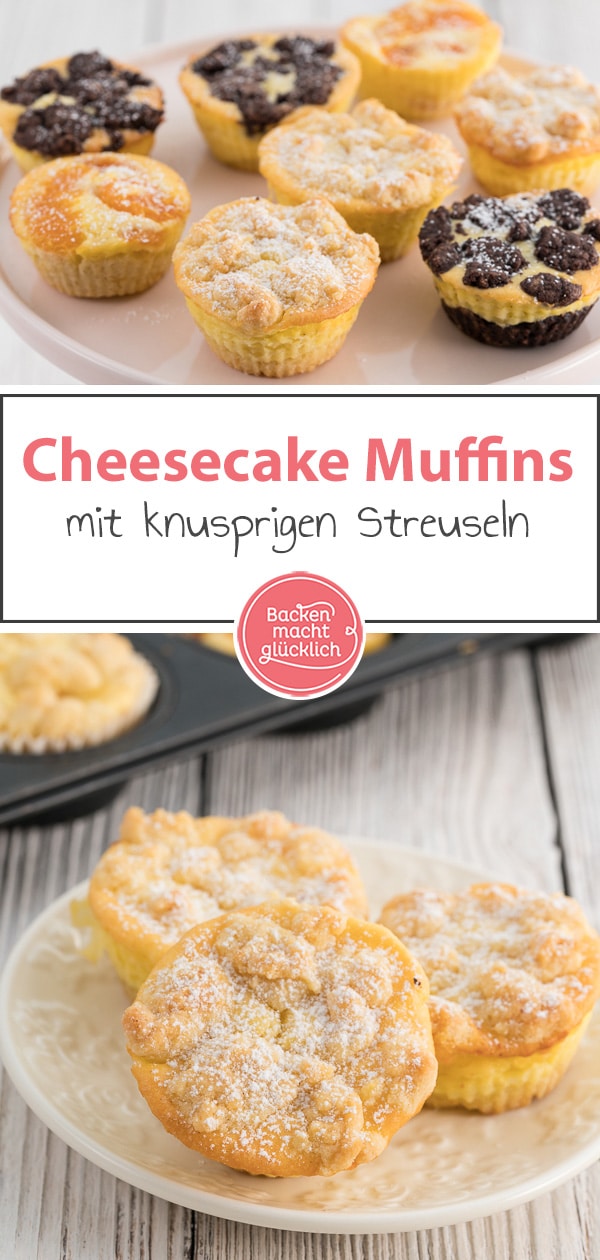 Köstliche Käsekuchen-Muffins mit Streuseln, Mandarinen oder Schokolade. Die einfachen Käsekuchen-Muffins sind knusprig, cremig und super lecker!