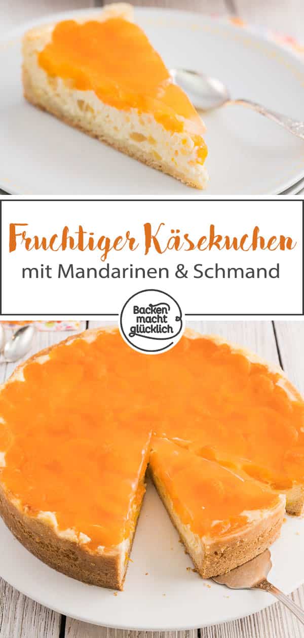 Omas Mandarinen-Schmand-Torte mit feinem Mürbeteig ist ein echter Klassiker für Kaffee und Kuchen. Der cremige Käsekuchen mit Mandarinen und Schmand kommt einfach überall gut an und ist super einfach! #käsekuchen #schmandkuchen #schmandtorte #mandarinen #mandarinenkuchen #backenmachtglücklich