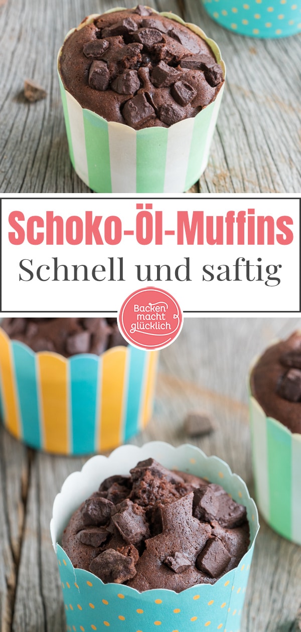 Einfaches Rezept für supersaftige Schokomuffins mit Öl. Die Schokoladenmuffins benötigen nur wenige Zutaten und sind innerhalb von 5 Minuten im Ofen.