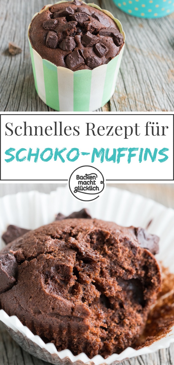 Einfaches Rezept für supersaftige Schokomuffins mit Öl. Die Schokoladenmuffins benötigen nur wenige Zutaten und sind innerhalb von 5 Minuten im Ofen.