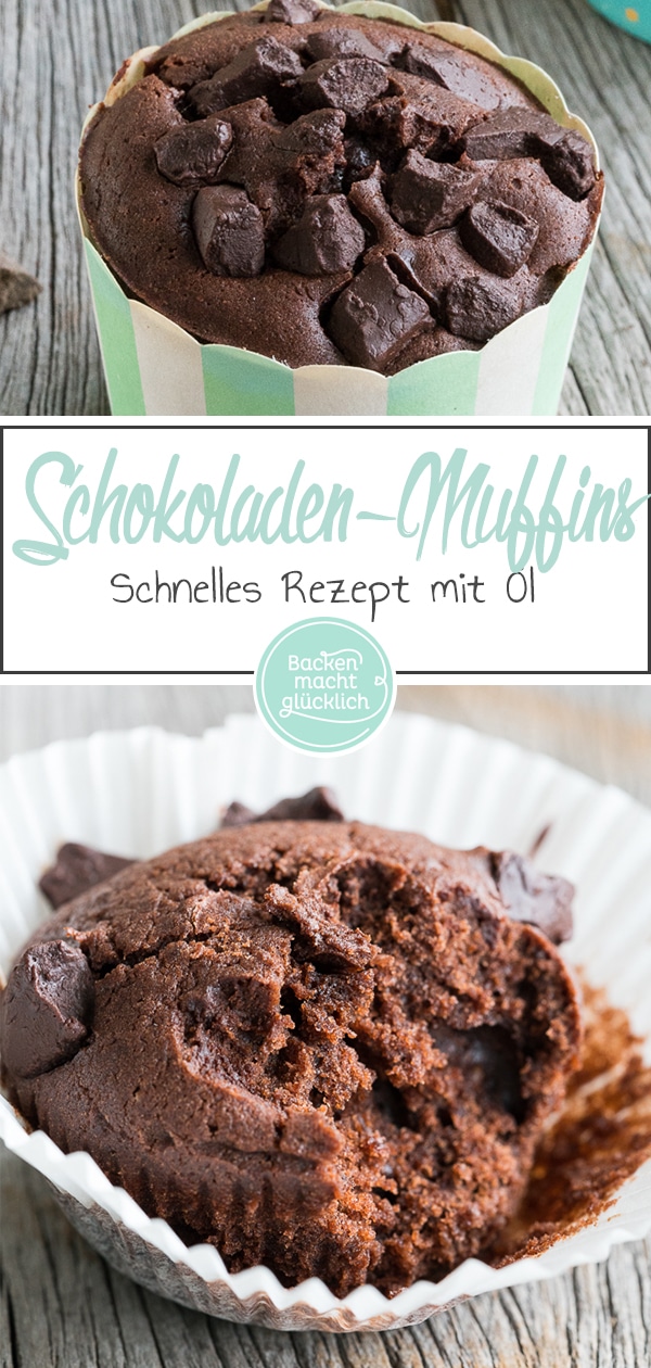 Einfaches Rezept für supersaftige Schokomuffins mit Öl. Die Schokoladenmuffins benötigen nur wenige Zutaten und sind innerhalb von 5 Minuten im Ofen.