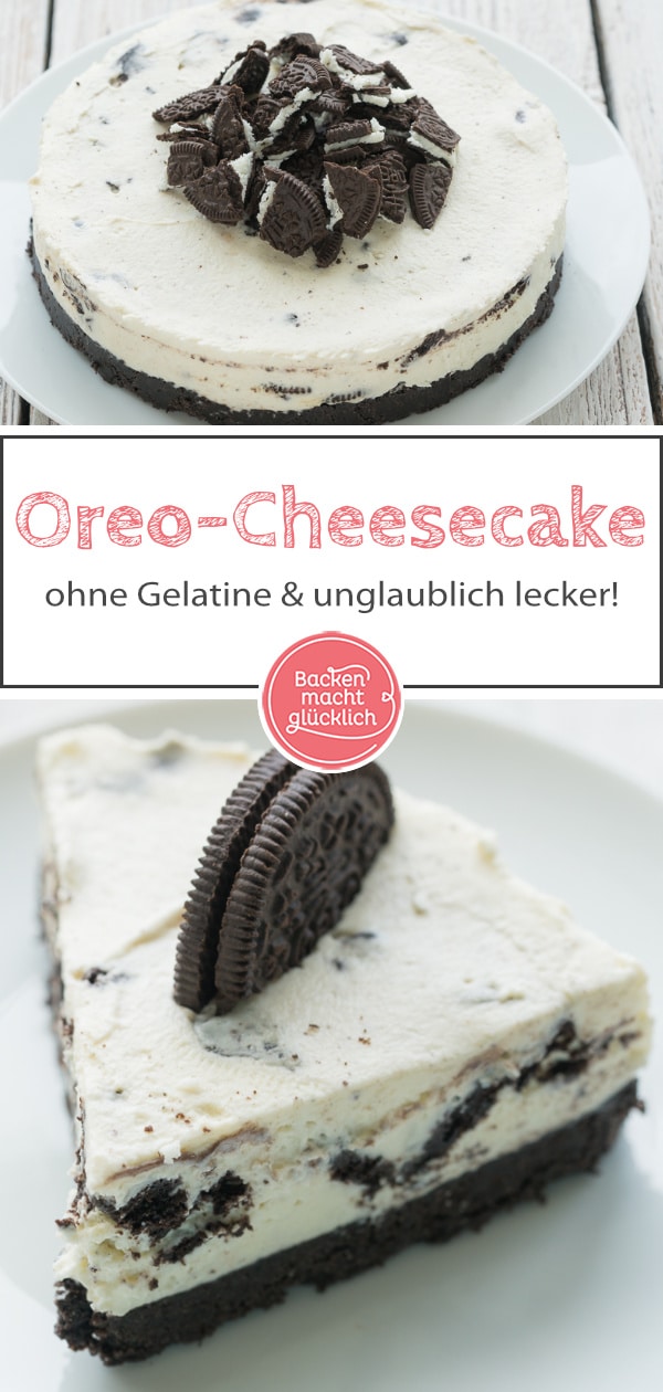 Diese Kühlschranktorte ist ein Muss für alle Oreo-Fans: Der No Bake Cheesecake ohne Gelatine ist eine köstliche Kombi aus knusprigen Schokokeksen und sahniger Frischkäsecreme.