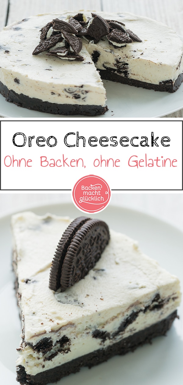 Diese Kühlschranktorte ist ein Muss für alle Oreo-Fans: Der No Bake Cheesecake ohne Gelatine ist eine köstliche Kombi aus knusprigen Schokokeksen und sahniger Frischkäsecreme.
