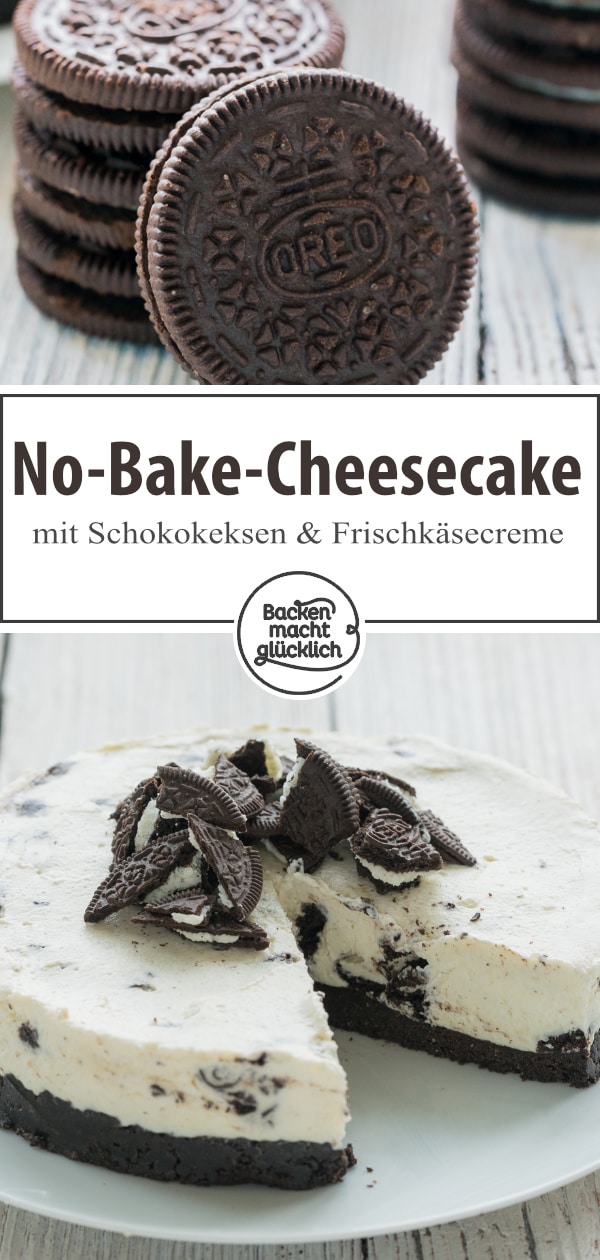 Diese Kühlschranktorte ist ein Muss für alle Oreo-Fans: Der No Bake Cheesecake ohne Gelatine ist eine köstliche Kombi aus knusprigen Schokokeksen und sahniger Frischkäsecreme.