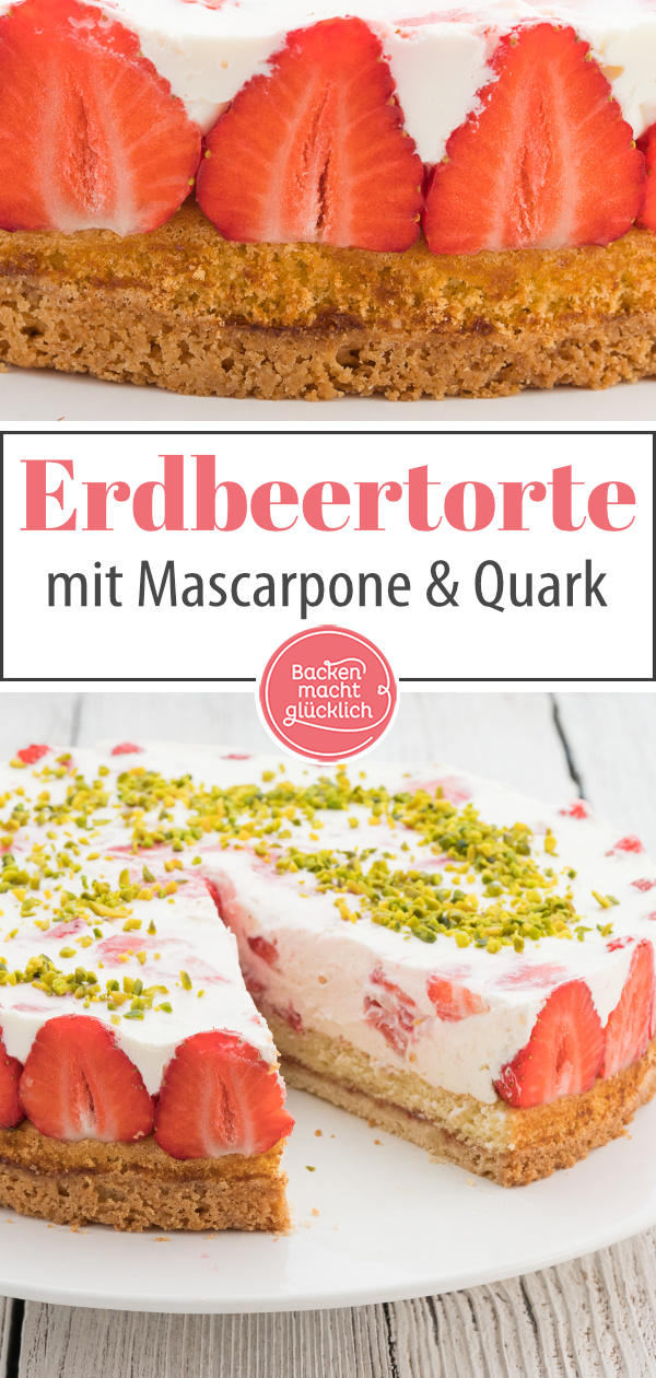 Erdbeer-Sahne-Torte mit Mascarponecreme ✓ Einfaches Rezept ✓ Ein Traum aus Erdbeeren, Sahne, Mürbeteig und Biskuit.