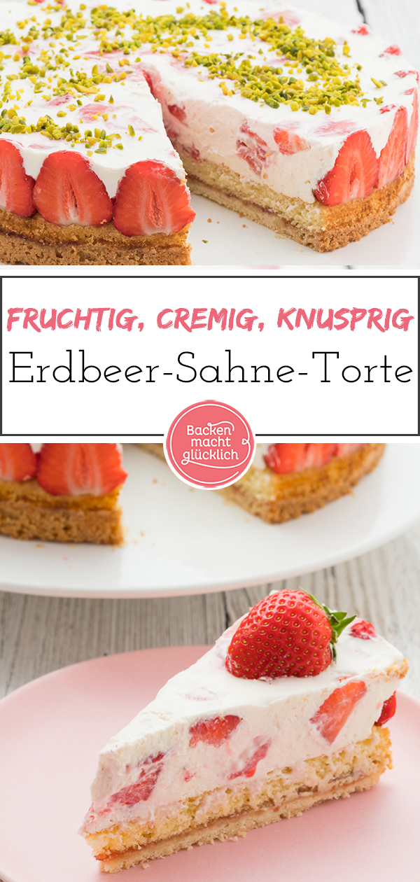 Erdbeer-Sahne-Torte mit Mascarponecreme ✓ Einfaches Rezept ✓ Ein Traum aus Erdbeeren, Sahne, Mürbeteig und Biskuit.