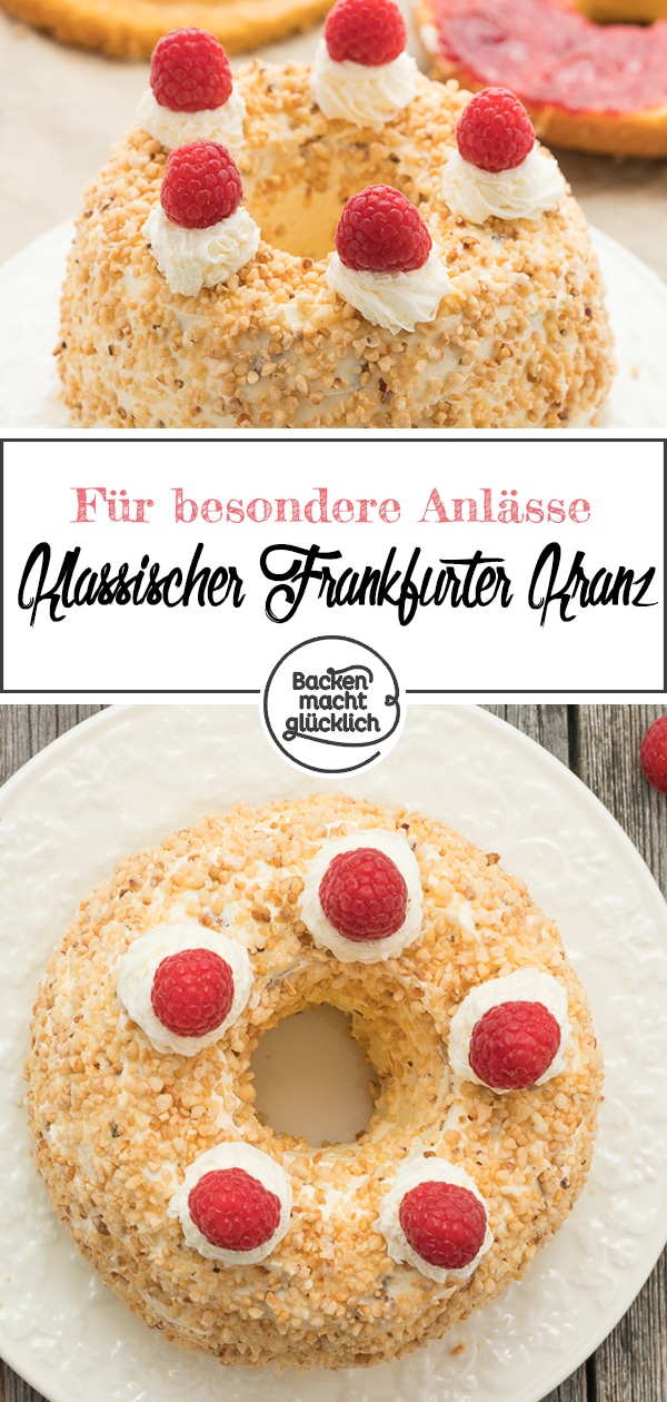 Selbstgemachter Frankfurter Kranz ist etwas aufwändig, aber unkompliziert - und vor allem ein echtes Prachtstück. Der traditionelle Frankfurter Kranz mit Rührteig und Buttercreme ist wie gemacht für besondere Anlässe. Und mit meinem Rezept gelingt euch der Frankfurter Kranz ganz bestimmt.