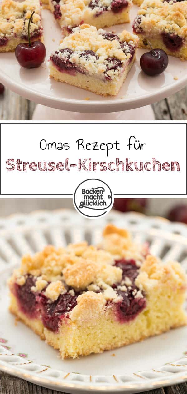  Lust auf einen saftigen Streusel-Kirschkuchen vom Blech? Dieser schnelle Kirschkuchen mit Streuseln nach Omas Rezept ist wunderbar saftig, einfach und schnell gemacht. #kirschkuchen #kirschen #sommer #streusel #streuselkuchen #sommerrezepte #backenmachtglücklich