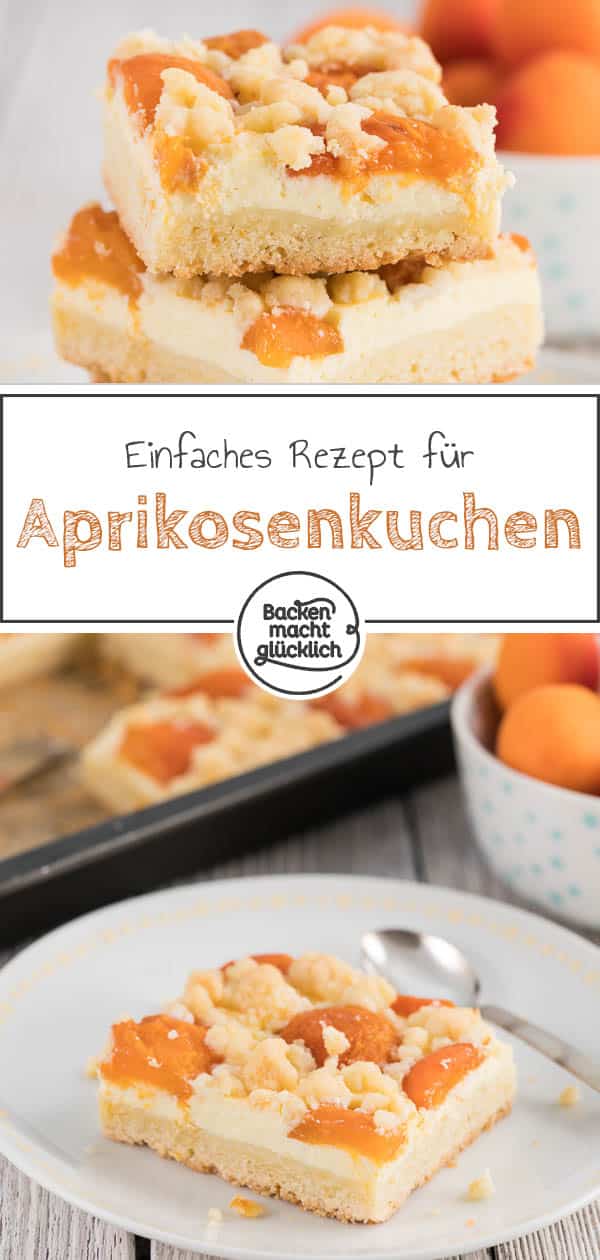 Fruchtig, saftig, cremig: Dieser Aprikosenkuchen mit Quark und Streuseln ist einer der besten Blechkuchen für den Sommer. Der köstliche Aprikosen-Streuselkuchen ist ein echter Genuss für die ganze Familie. #streuselkuchen #aprikosen #marille #aprikosenkuchen #streusel #backenmachtglücklich