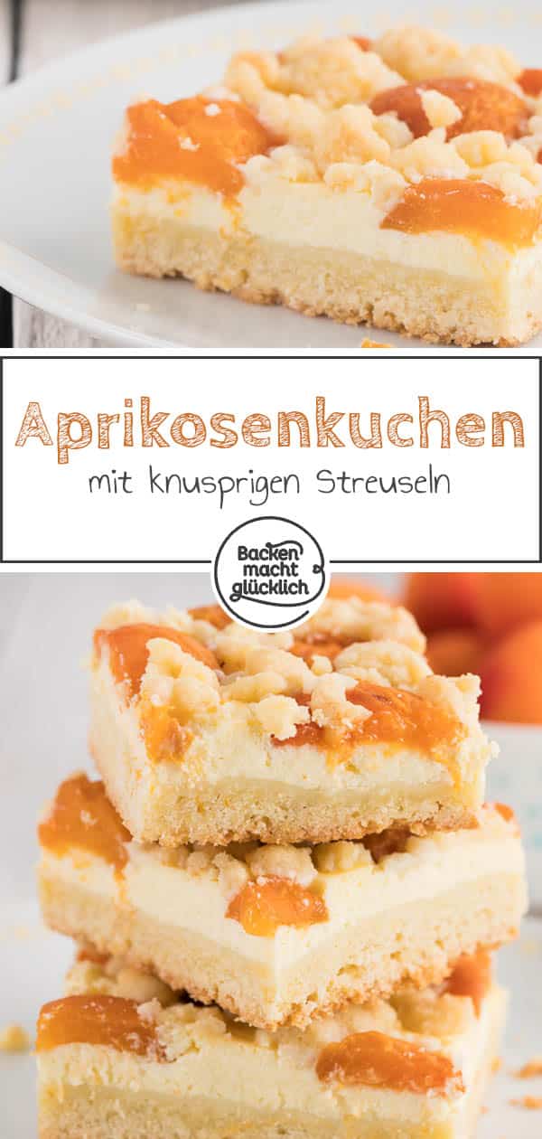 Fruchtig, saftig, cremig: Dieser Aprikosenkuchen mit Quark und Streuseln ist einer der besten Blechkuchen für den Sommer. Der köstliche Aprikosen-Streuselkuchen ist ein echter Genuss für die ganze Familie. #streuselkuchen #aprikosen #marille #aprikosenkuchen #streusel #backenmachtglücklich