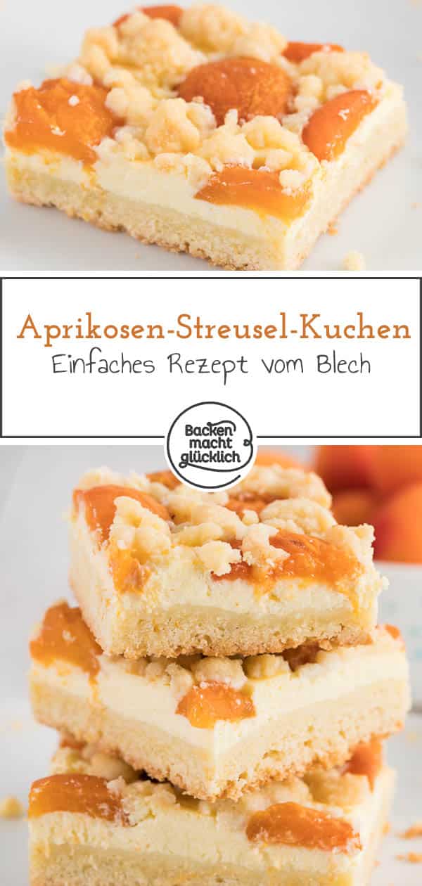 Fruchtig, saftig, cremig: Dieser Aprikosenkuchen mit Quark und Streuseln ist einer der besten Blechkuchen für den Sommer. Der köstliche Aprikosen-Streuselkuchen ist ein echter Genuss für die ganze Familie. #streuselkuchen #aprikosen #marille #aprikosenkuchen #streusel #backenmachtglücklich