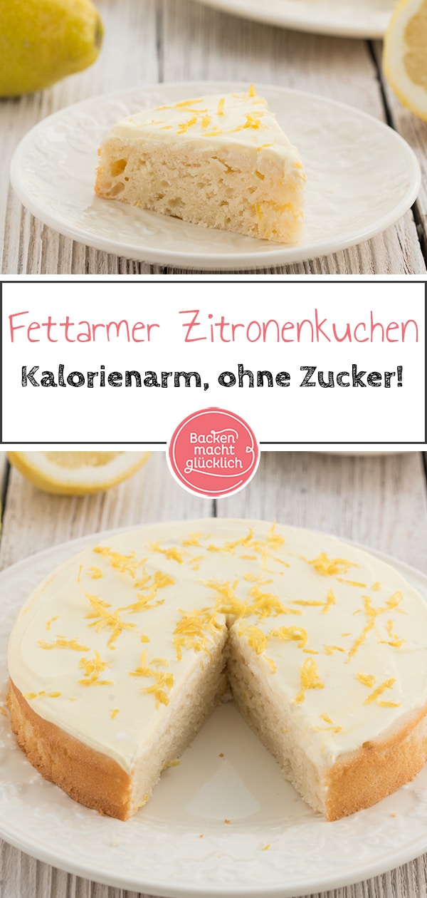 Fluffig, erfrischend, angenehm süß und leicht säuerlich: Dieser zuckerfreie Zitronenkuchen mit extrem wenig Fett ist ein wunderbarerer kalorienarmer Sommerkuchen! Statt massenhaft Zucker, Butter und Eiern stecken im kalorienarmen Zitronenkuchen unter anderem fettarmer griechischer Joghurt, Eischnee und Xylit oder Erythrit. Das Ergebnis ist erstaunlich köstlich ? !